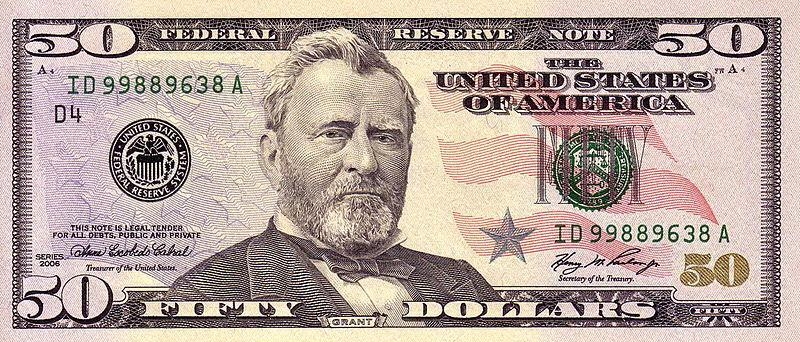Современная купюра доллара номиналом $50 с портретом Улисса Гранта