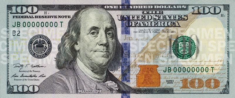 Купюра доллара образца 2009 г. номиналом $100 с портретом Бенджамина Франклина, аверс (введены в обращение в 2011 году)