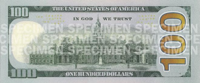 Купюра доллара образца 2009 г. номиналом $100, реверс