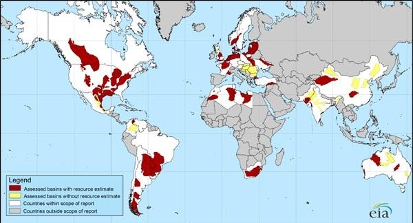 2. 48 сланцевых бассейнов в 38 странах (выделены белым цветом)