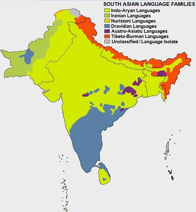 58. Первая карта показывает языковые семьи в Индии и её соседей. Индия имеет 18 официальных языков, 15 из которых - индо-европейские
