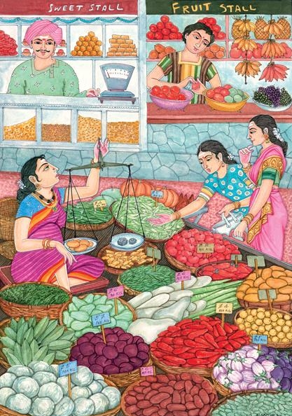 66. Изображение рынка в Индии, на котором продаются типичные вегетарианские продукты для национальной кухни