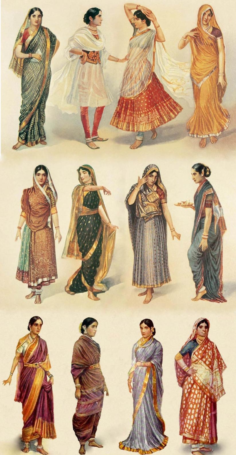 67. Иллюстрация разных стилей сари и одежд, носимых женщинами в Индии