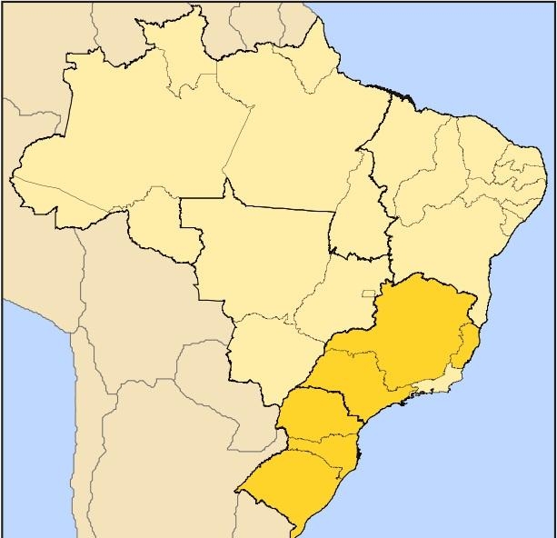 4. Карта-схема штатов и регионов Бразилии. Районы производства кофе выделены оранжевым