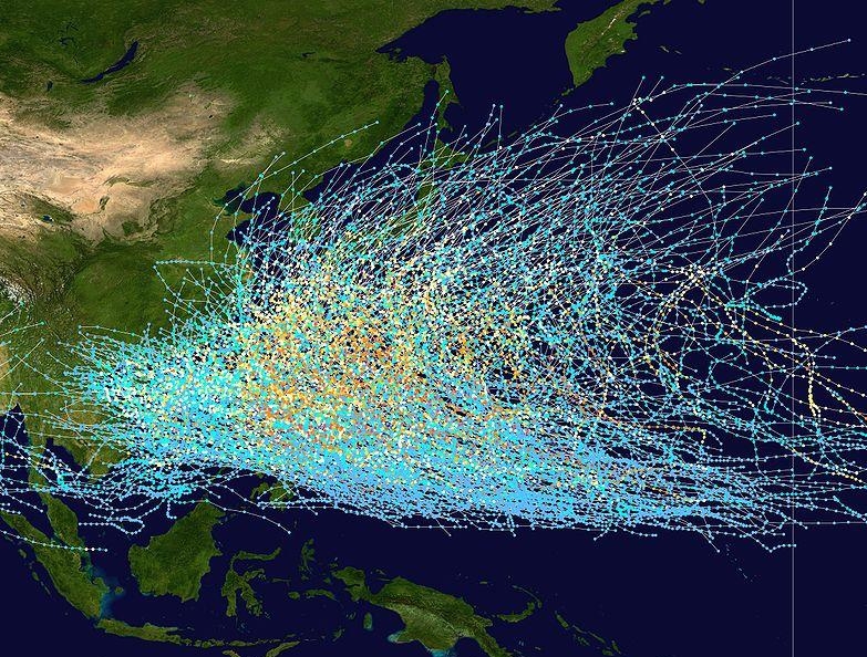 1.1 Сводная схема маршрутов тихоокеанских тайфунов в 1980-2005 гг.