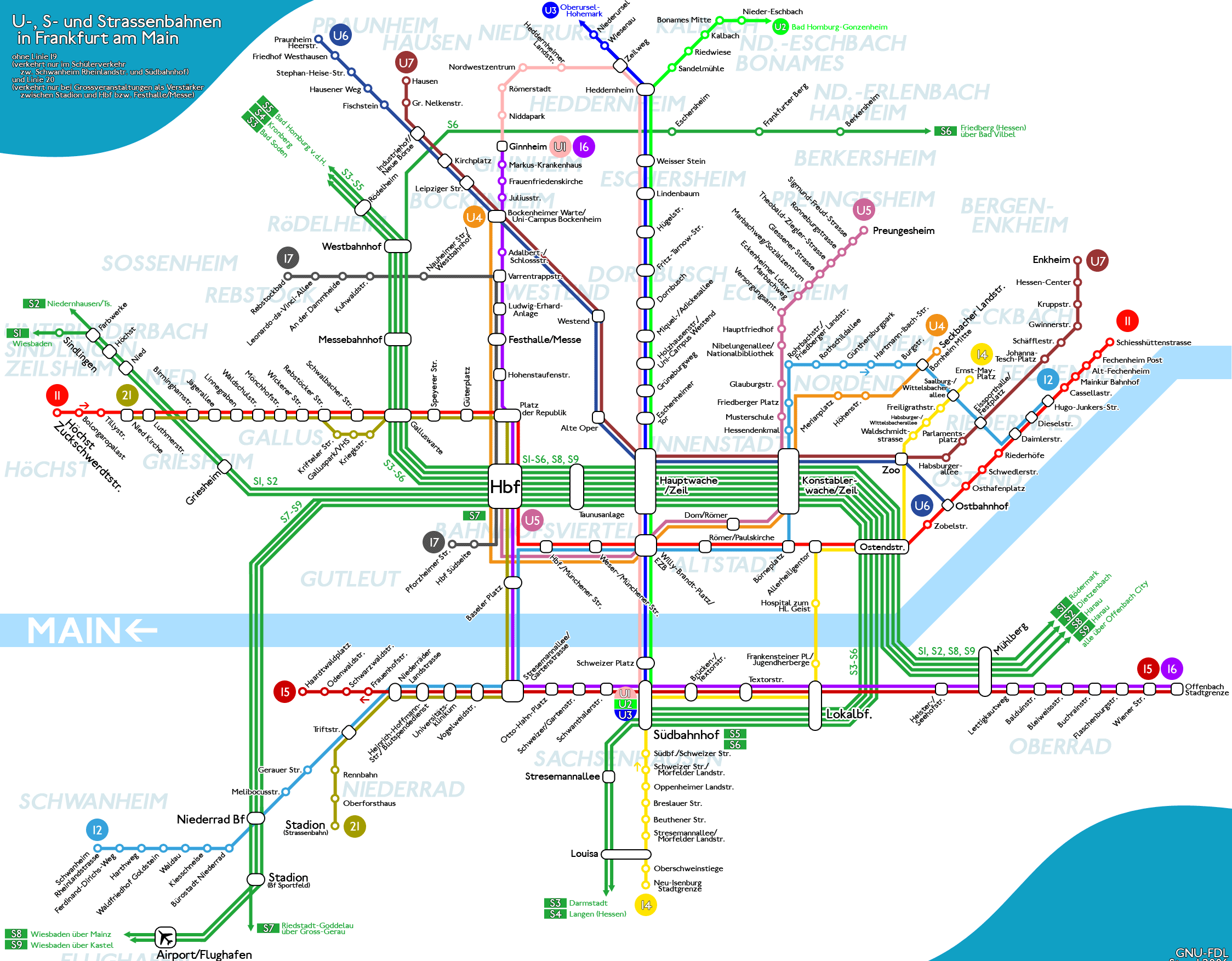 схема линий метро u-bahn жд транспорта во Франкфурте-на-Майне
