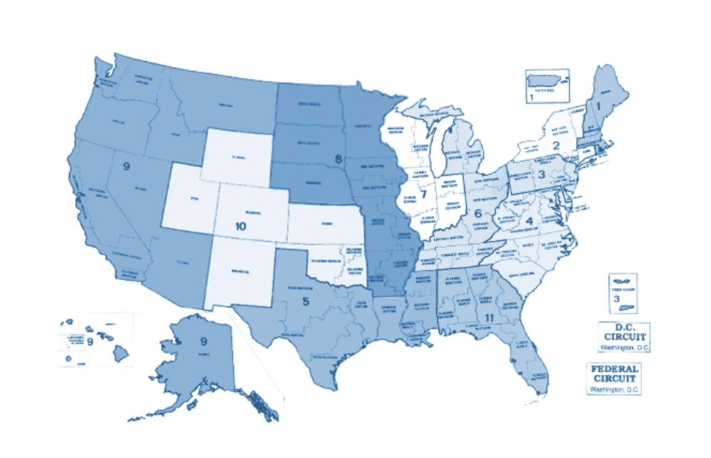 Карта расположения федеральных судов по штатах США