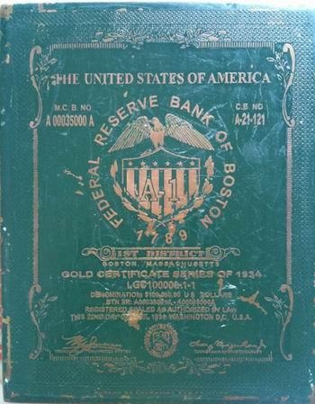 Ящик с золотыми сертификатами Федерального Резерва/JP Morgan в Бостоне, серий 1934, - вид спереди 