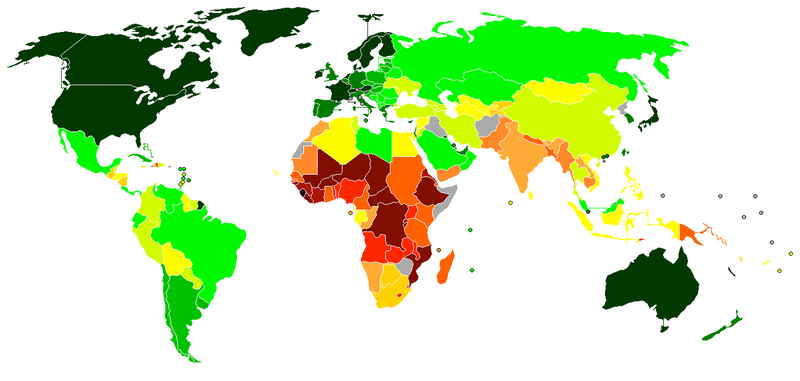 Карта, показывающая развивающиеся страны цветами красного спектра 