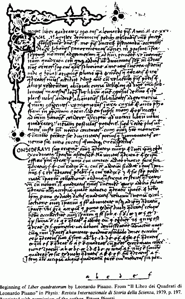 Страница из книги квадратов (Liber quadratorum, 1225 год) Леонардо Фибоначчи содержит ряд задач на решение неопределённых квадратных уравнений