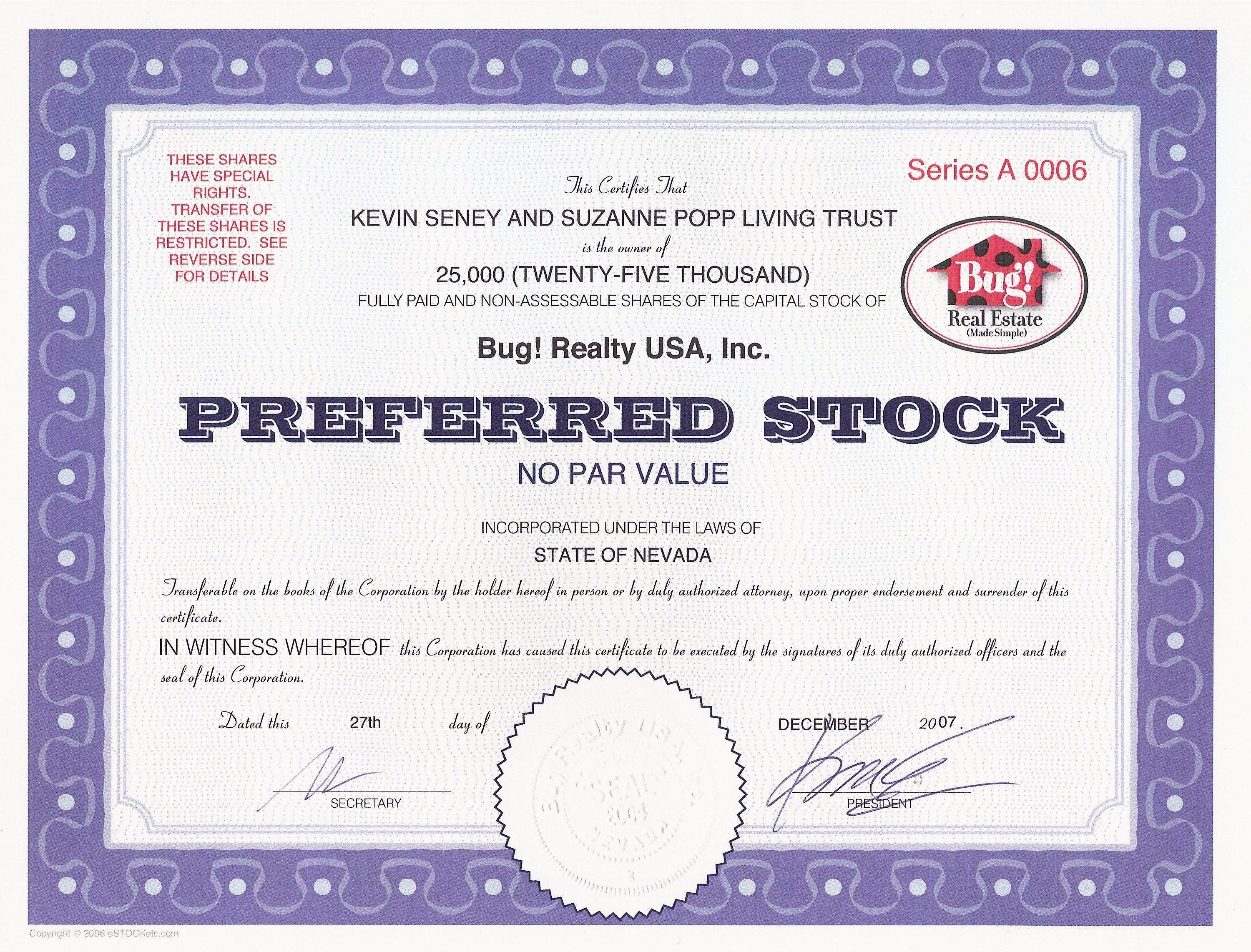 Сертификат привилегированной акции корпорации Bug! Realty USA