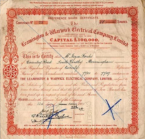 Сертификат привилегированной акции Leamington & Warwick Electrical Company Limited