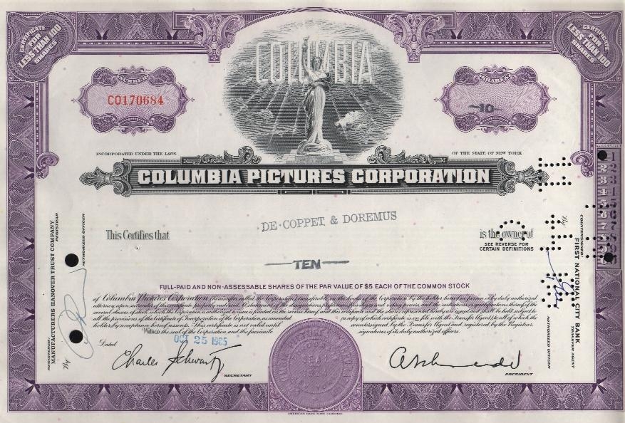 Сертификат обыкновенной акции компании Columbia Pictures Corporation