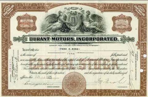 Сертификат обыкновенной акции компании Durant Motors Incorporated
