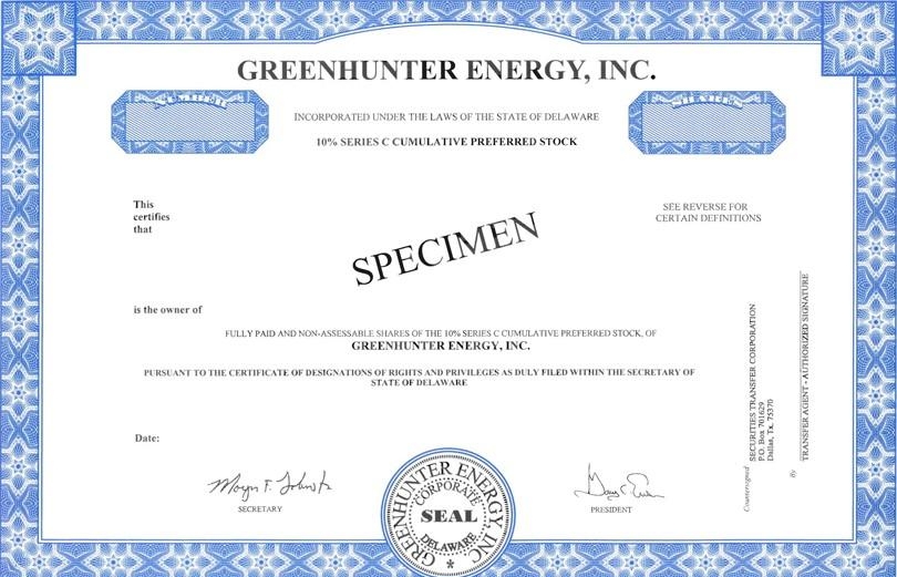 Сертификат привилегированной кумулятивной акции корпорации Greenhunter Energy