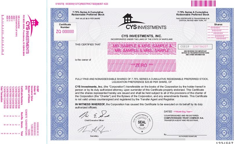 Сертификат привилегированной акции с правом погашения корпорации Cys Investments