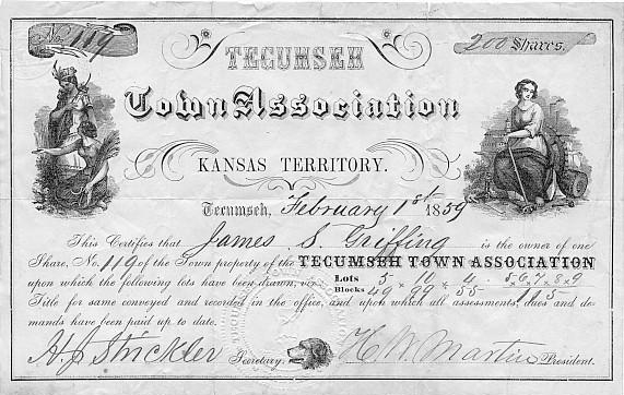 Сертификат обыкновенной акции компании Tecumseh Town Association