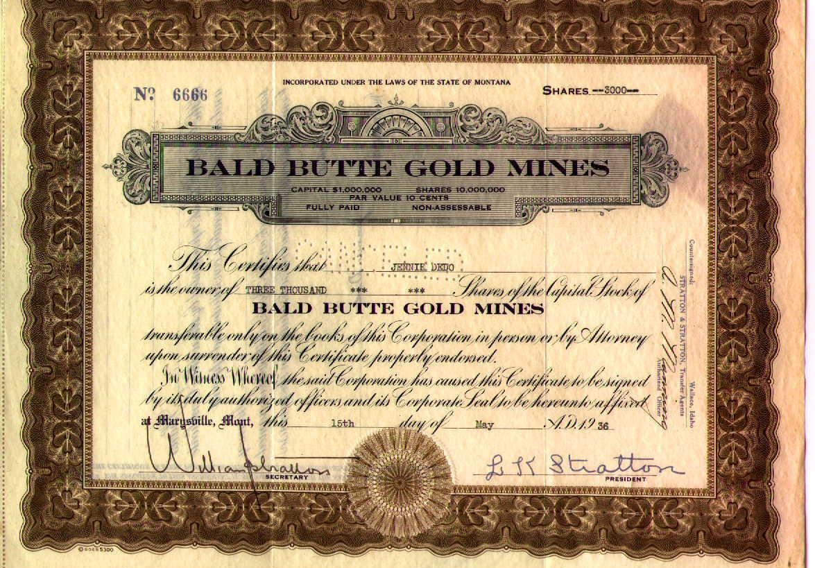 Сертификат обыкновенной акции компании Bald Butte Gold Mines