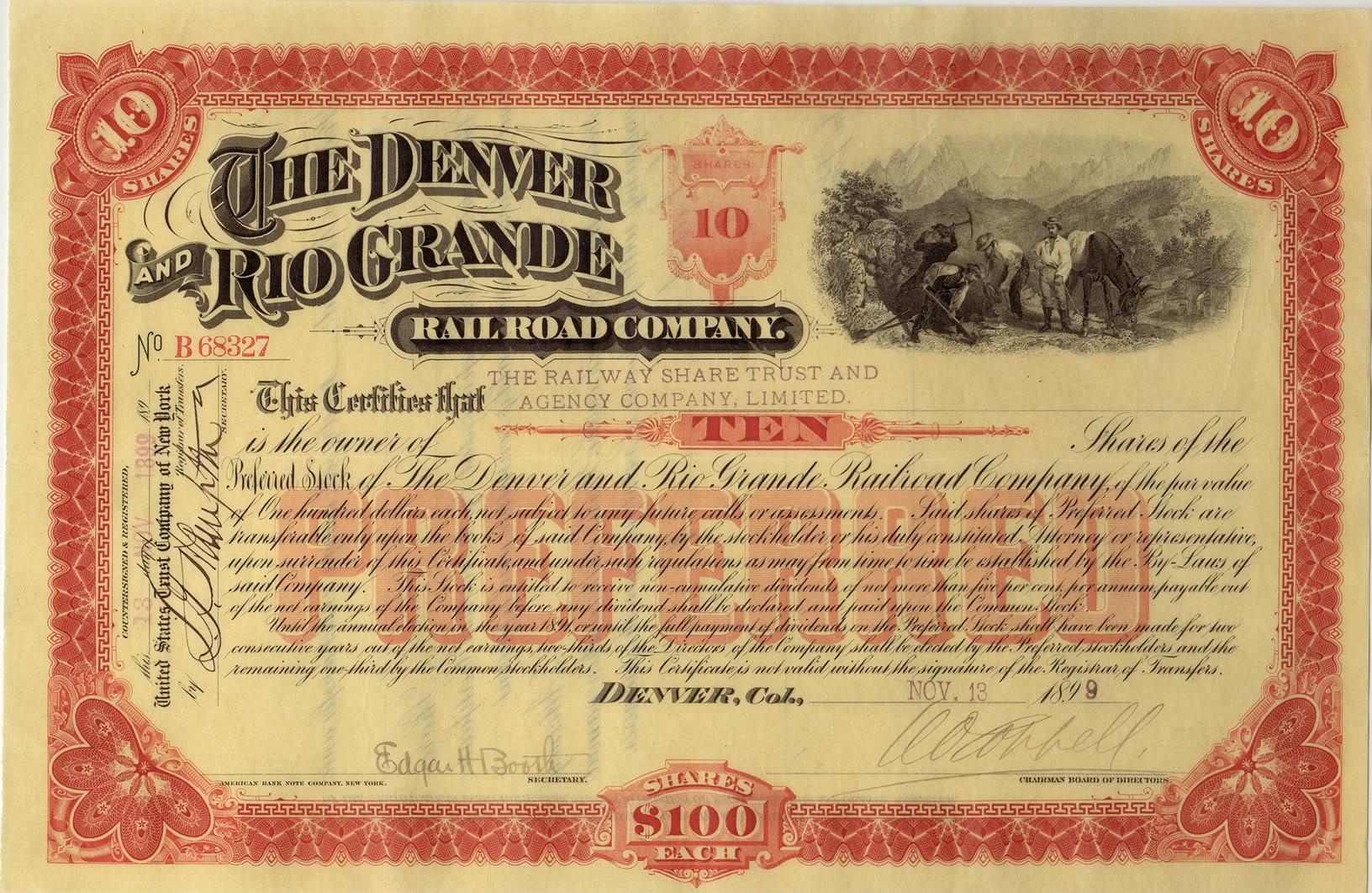 Сертификат привилегированной акции The Denver And Rio Grande Reilroad Company
