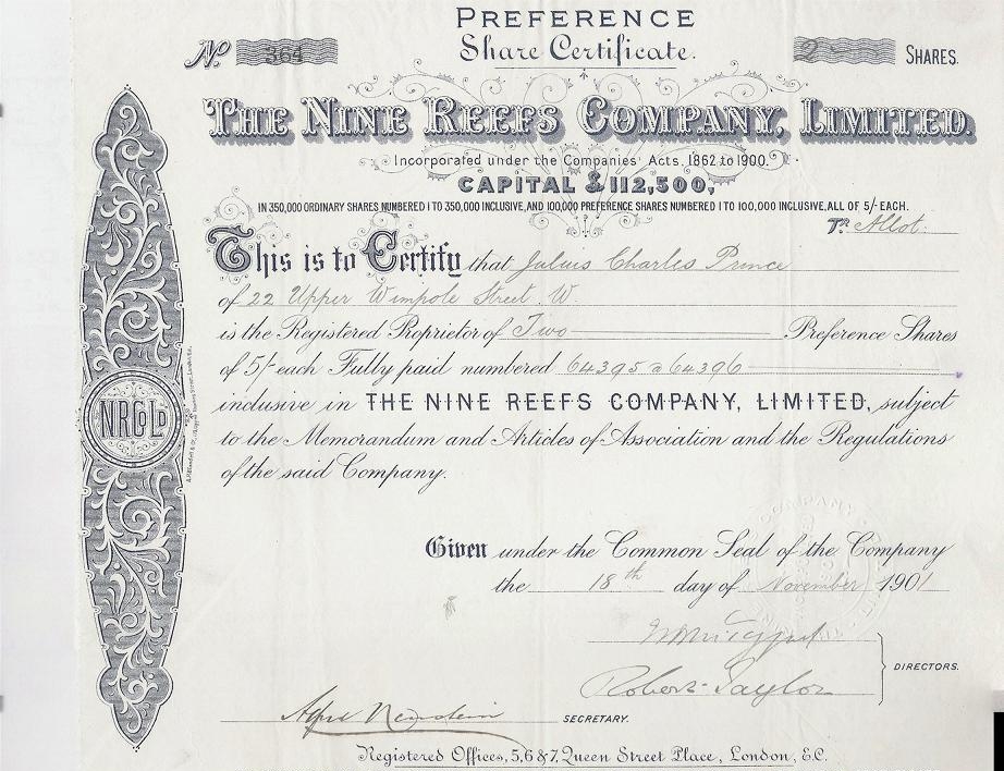 Сертификат привилегированной акции The Nine Reefs Company Limited