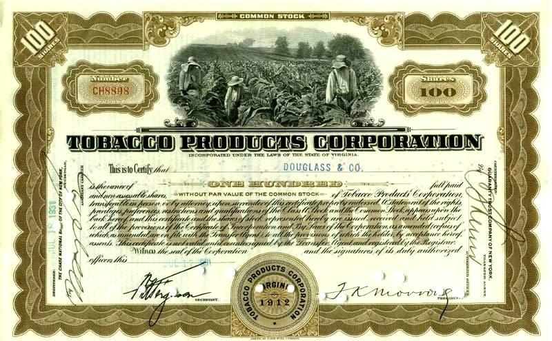 Сертификат обыкновенной акции Tobacco Products Corporation