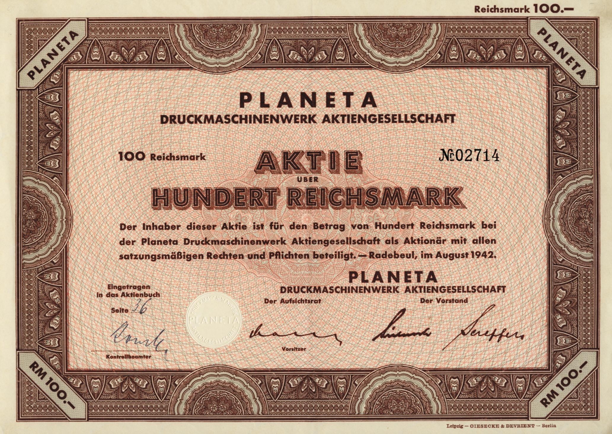 Сертификат привилегированной акции компании Planeta