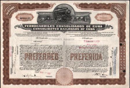 Сертификат привилегированной акции компании Consolidated Reilroads Of Cuba