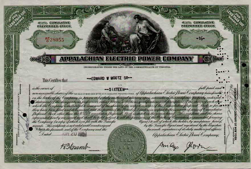 Сертификат привилегированной акции Appalachian Electric Power Company