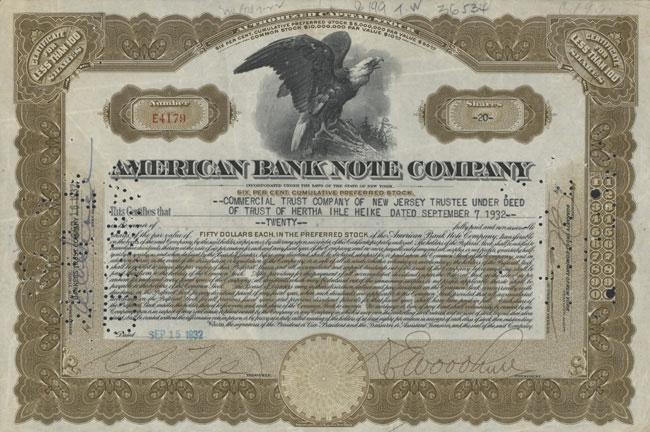 Сертификат привилегированной акции American Bank Note Company