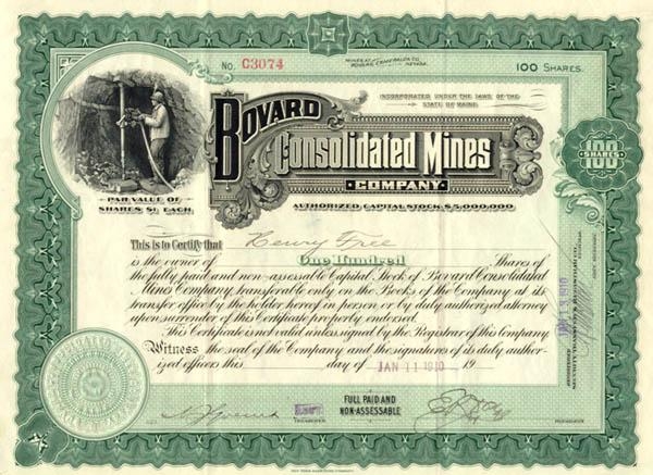 Сертификат привилегированной акции Bovard Consolidated Mines Company
