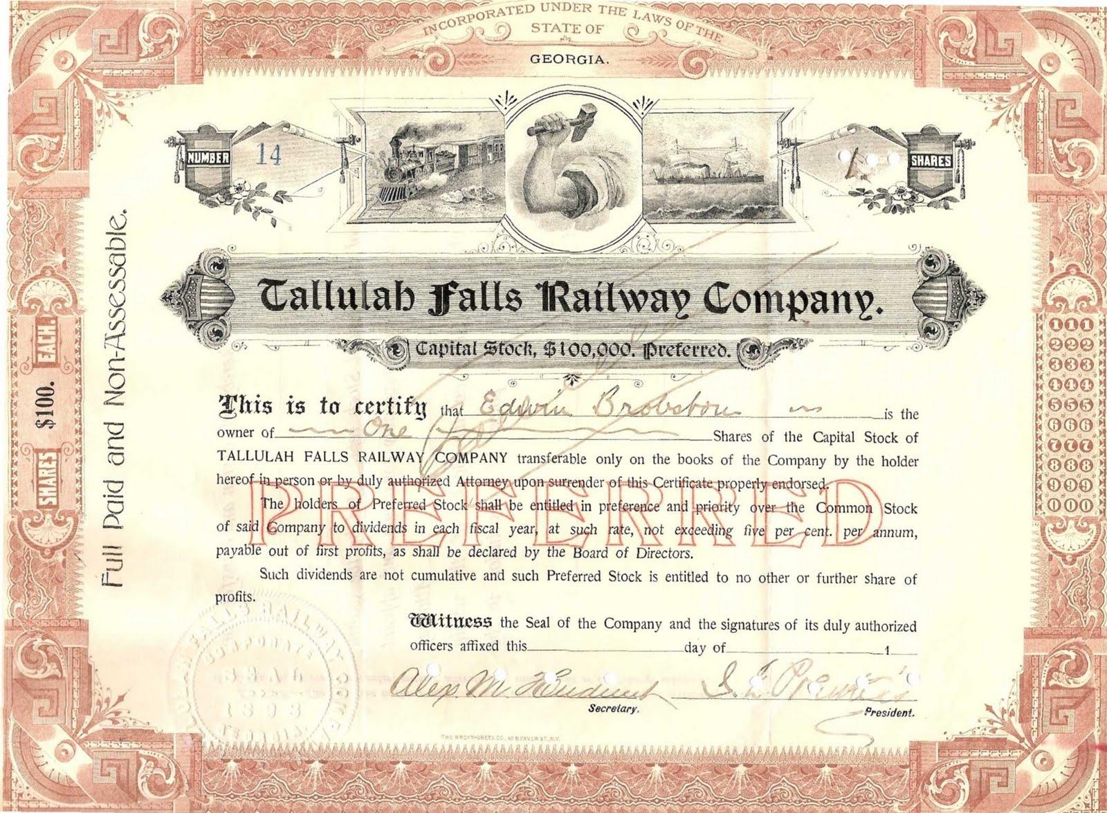 Сертификат привилегированной акции Tallulah Falls Railway Company