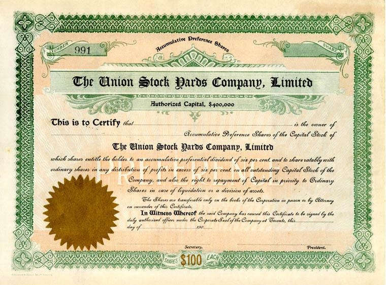 Сертификат привилегированной акции The Union Stock Company Limited