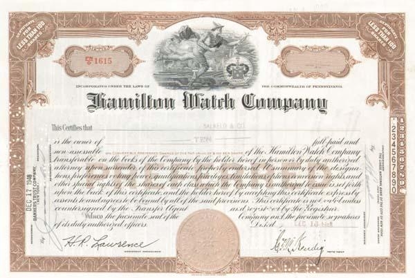 Сертификат привилегированной акции Hamilton Waltch Company