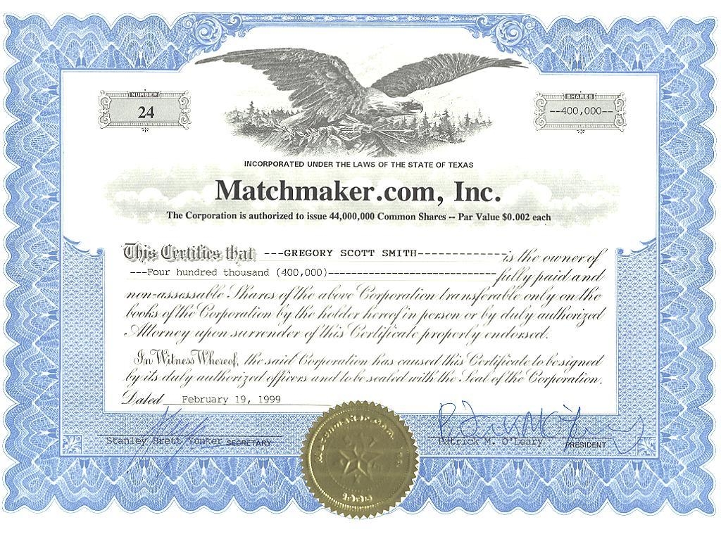 Сертификат обыкновенной акции корпорации Matchmaker