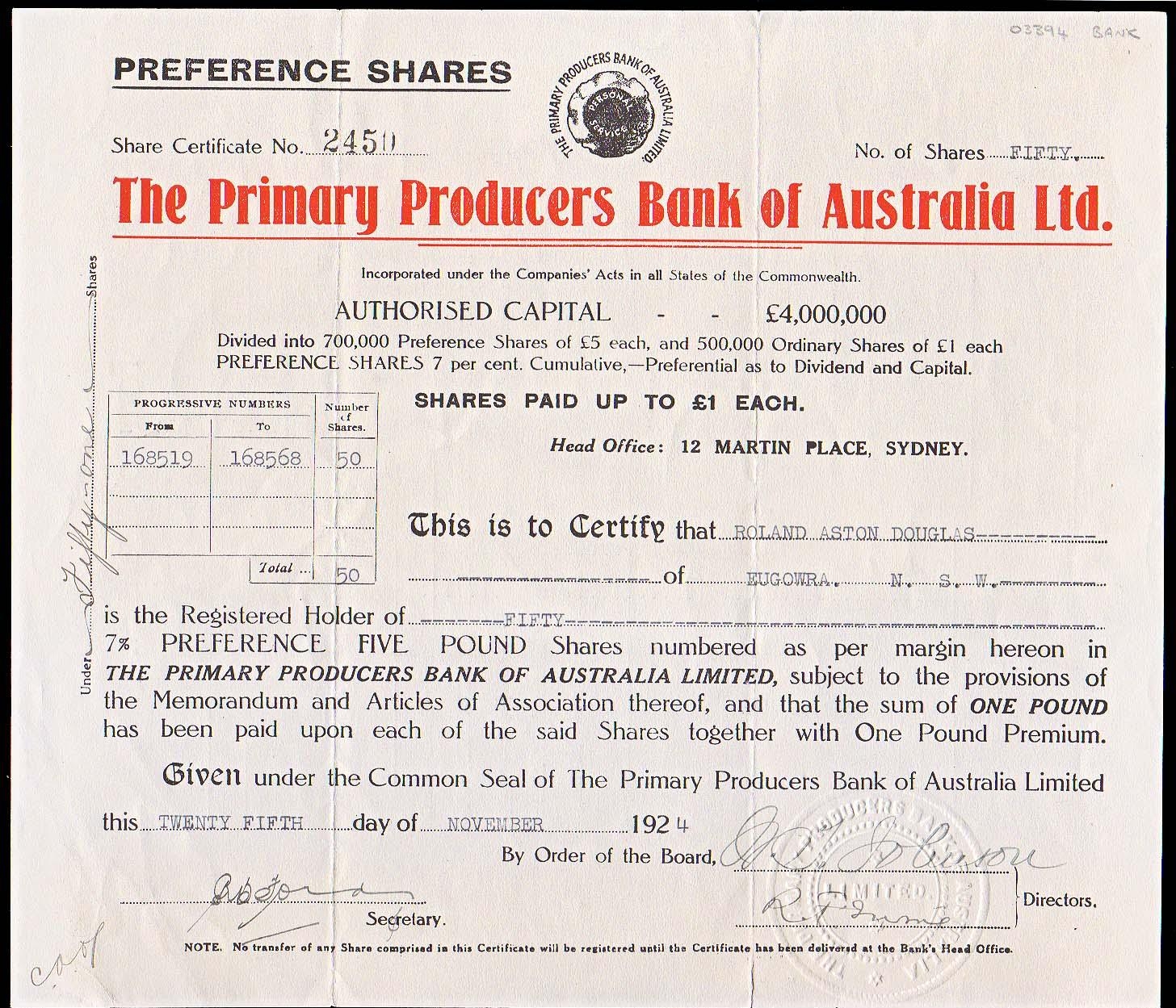 Сертификат привилегированной акции компании The Primary Producers Bank Of Australia Limited