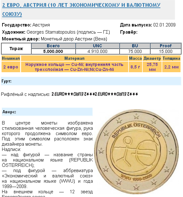 2 Евро Австрийская монета,10 лет Экономическому и Валютному союзу