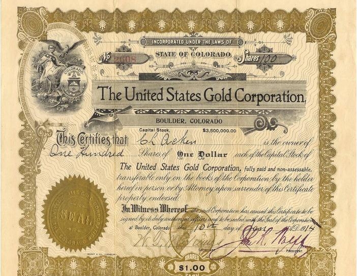 Сертификат акции компании The United States Gild Corporation