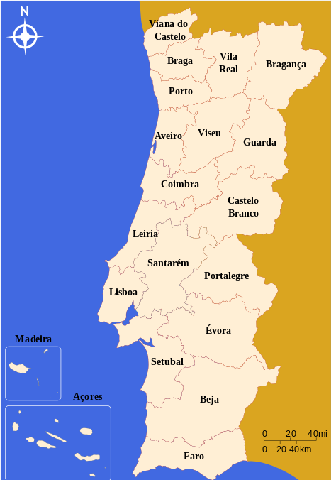 Карта континентальной Португалии с границами округов