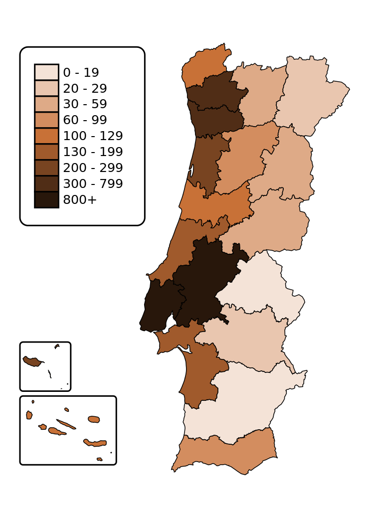Плотность населения Португалии по округам и автономным регионам