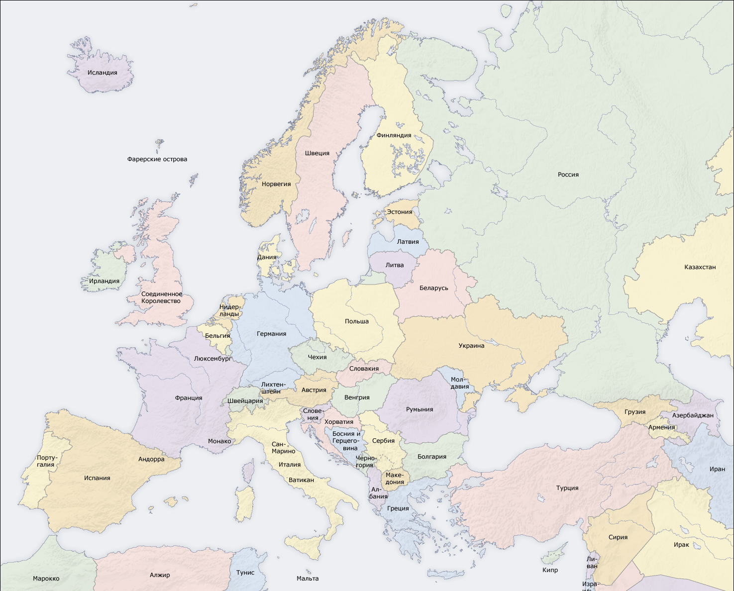 Политическая карта Европы и близлежащих к ней государств