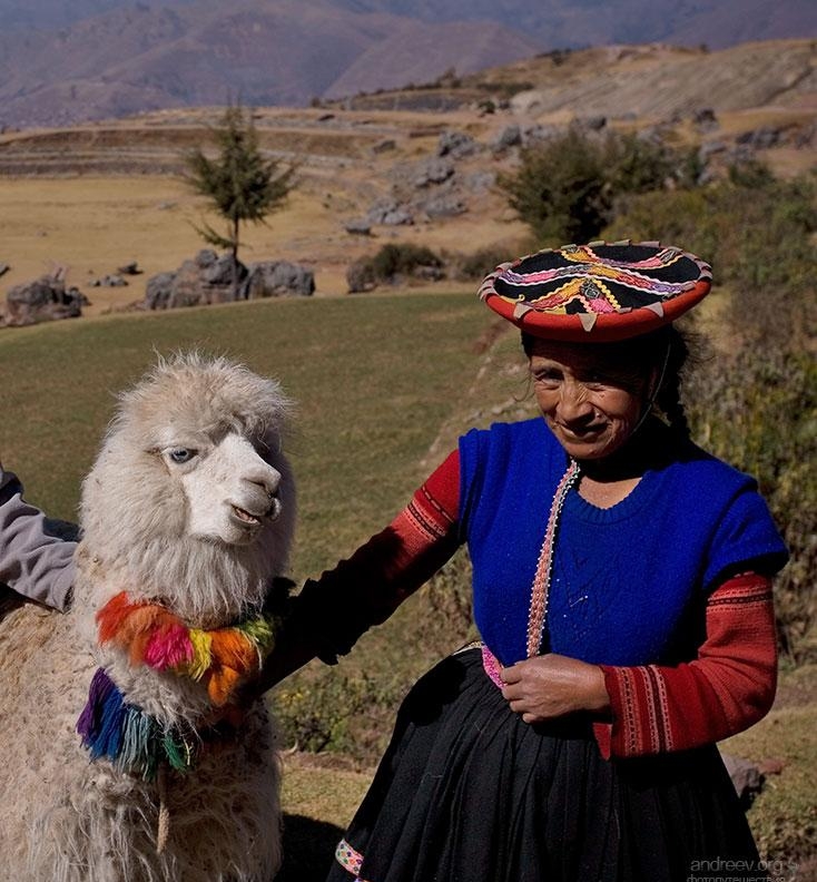 1.21 Местная женщина в традиционном платье с годовалой альпакой.