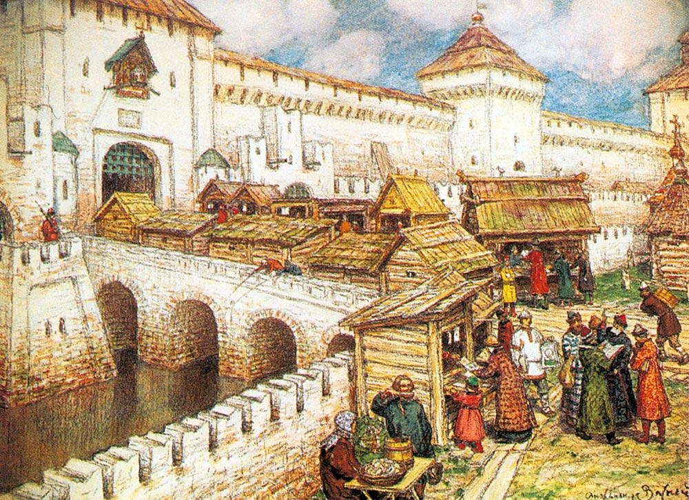 2.1 А. Васнецов. Книжные лавочки на Спасском мосту в XVII веке