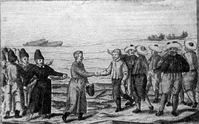2.7 Встеча русских 'промышленных людей' с голландскими купцами на берегу Ледовитого океана. Гравюра 1595 г.