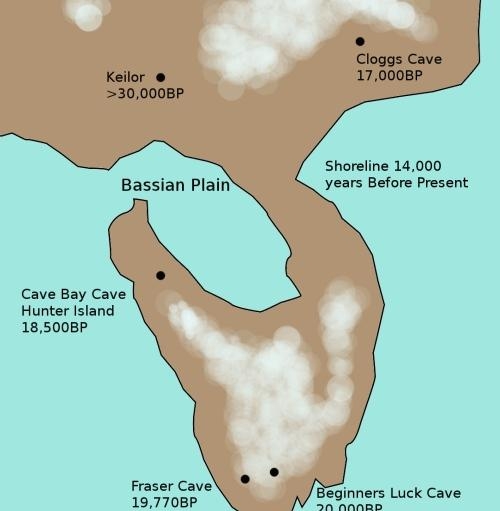 3. Береговая линия Тасмании и Виктории около 14000 лет назад с указанием ряда археологических памятников. Здесь, на месте Бассова пролива, когда-то существовала Бассова равнина